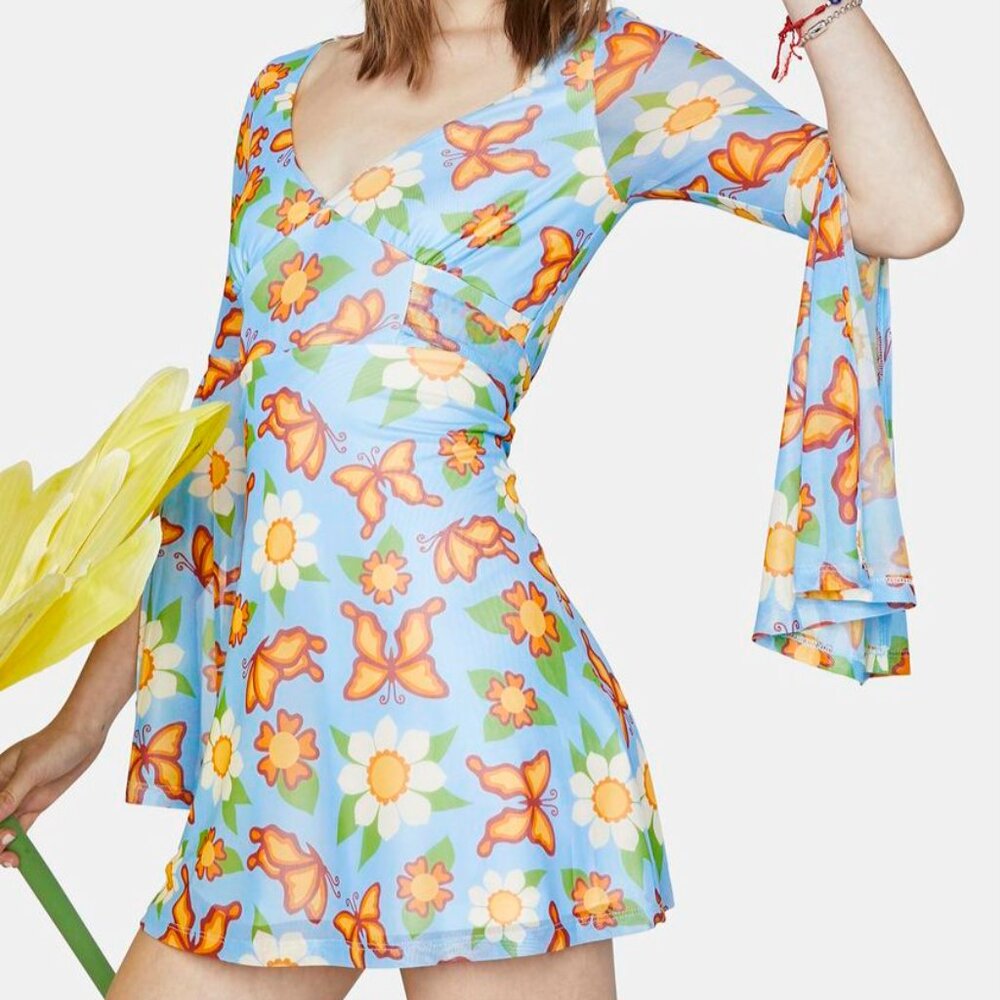 dELiA*s by Dolls Kill Small Mesh Bell Sleeve Babydoll Mini Dress - Picture 4 of 15